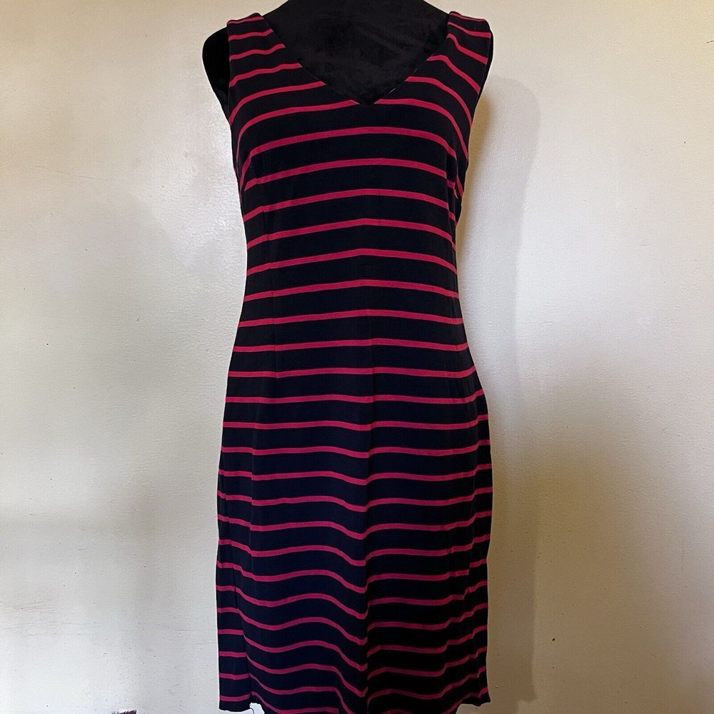 Banana Republic Sheath Dress Sz 4 Striped Navy Blue Red Stretchy Career V Neck